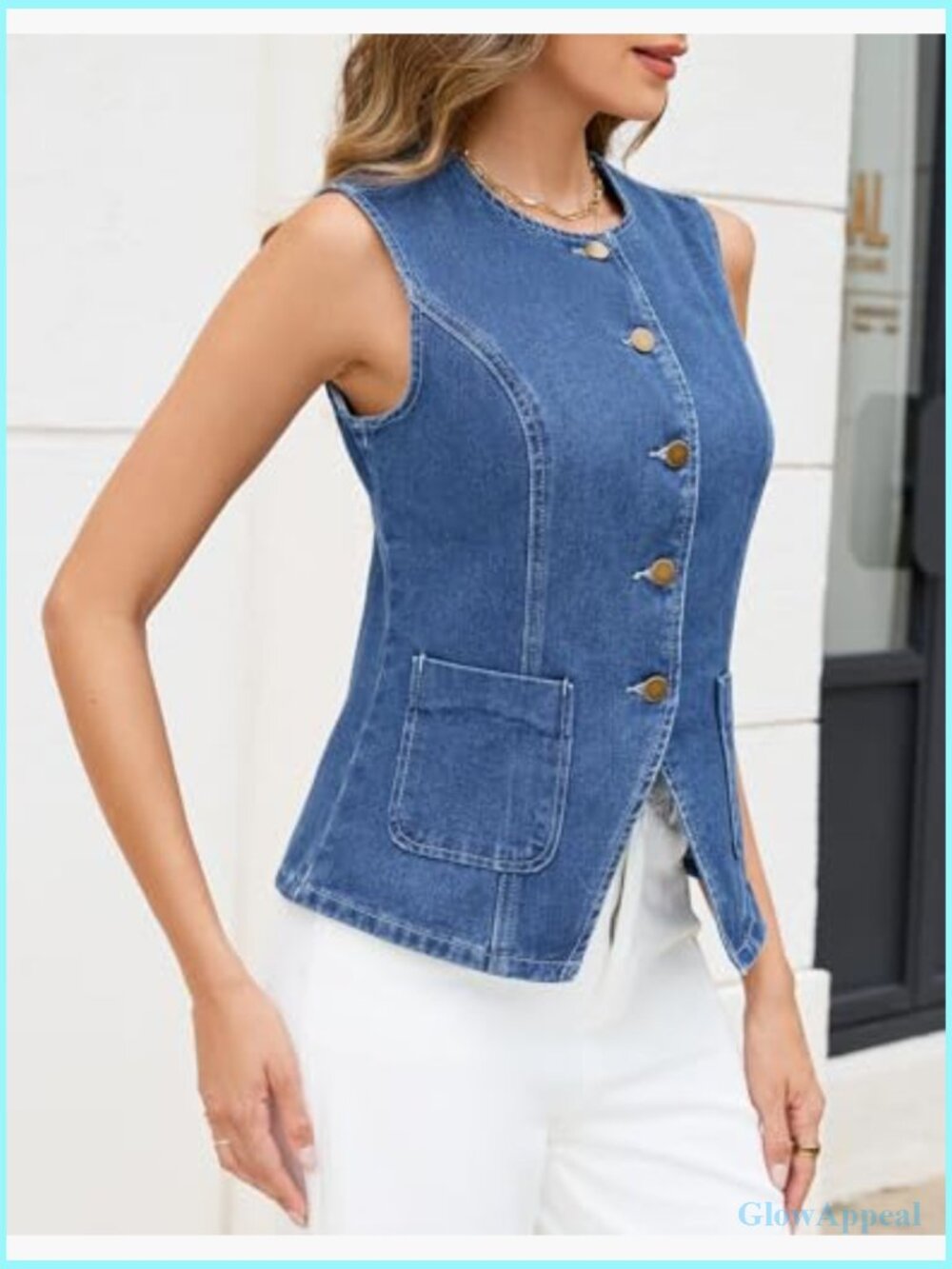 Sleeveless Denim Vest Top Button Down Western Cropped Jean Waistcoat - Picture 3 of 7